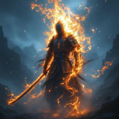 The primary subject of the image is a person, likely a warrior or a character from a fantasy game, wearing a suit of armor and holding a sword. The setting is a dark, possibly underground, environment with a backdrop of a mountain. The visual style appears to be a digital art or illustration, with the character's outfit and the sword being the main focus of the image. The colors and mood of the image are dark and dramatic, with the character's flaming armor and the
